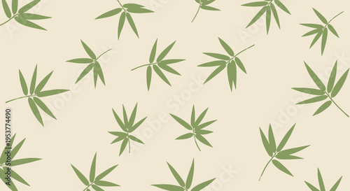 Green Bamboo Leaves Pattern on Light Beige Background.