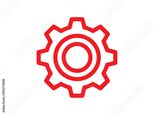 Bright red outline gear icon symbolizes mechanical operation and industrial settings against a white background.