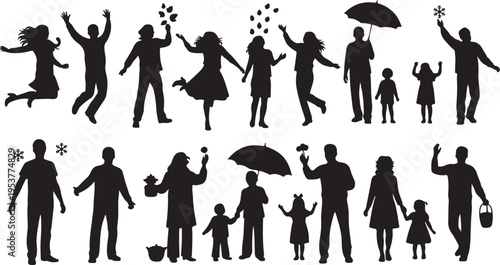 Silhouettes of happy family members in various joyful poses together