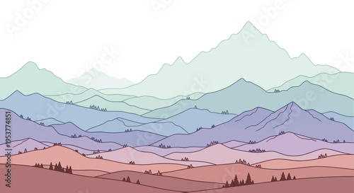 Abstract layered illustration of colorful mountains and hills in a scenic landscape