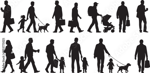 Silhouettes of people walking with luggage and pets together