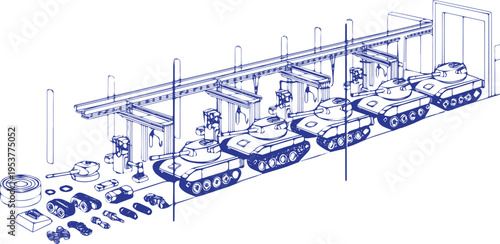 Armored Tank Assembly Line in Defense Factory – Military Vehicle Production Clean Vector Line Art Illustration