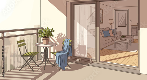 Apartment balcony illustration featuring furniture, potted plants, and interior view