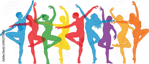 Colorful people dancing in various poses dance rainbow silhouettes