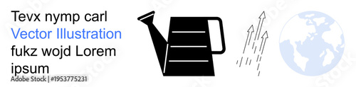 Environmental care, growth, sustainability, gardening, ecological solutions, global care. Black watering can with upward arrows and a globe. Environmental care and sustainability concept