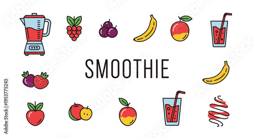 Colorful illustration of a smoothie with fruits and a blender, health food design
