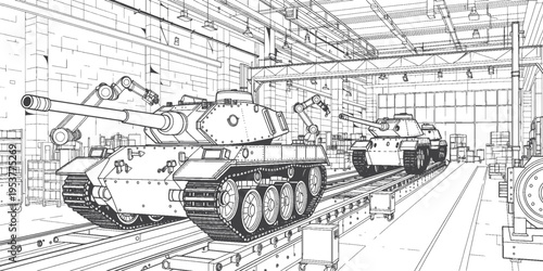 Armored Tank Assembly Line in Defense Factory – Military Vehicle Production Clean Vector Line Art Illustration