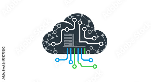 Conceptual illustration of cloud computing network depicting data storage and processing