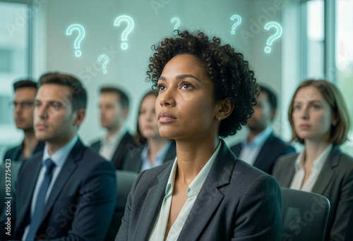 Thoughtful business woman with question marks thinking during meeting in modern office, diverse professionals sitting in conference room, decision making problem solving concept