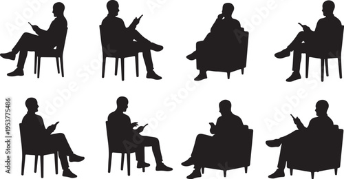 Silhouettes of people sitting in various chairs reading books