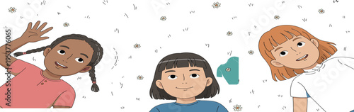 Three diverse young girls lying on grass looking up at the sky in a field of daisies vector.