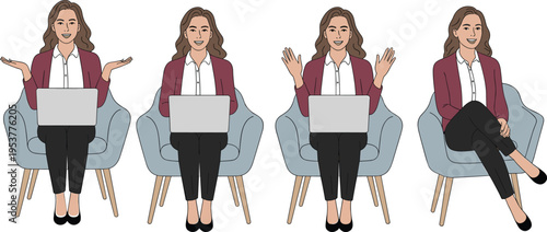 Set of professional woman character vector illustrations sitting in a chair with a laptop in various work poses.