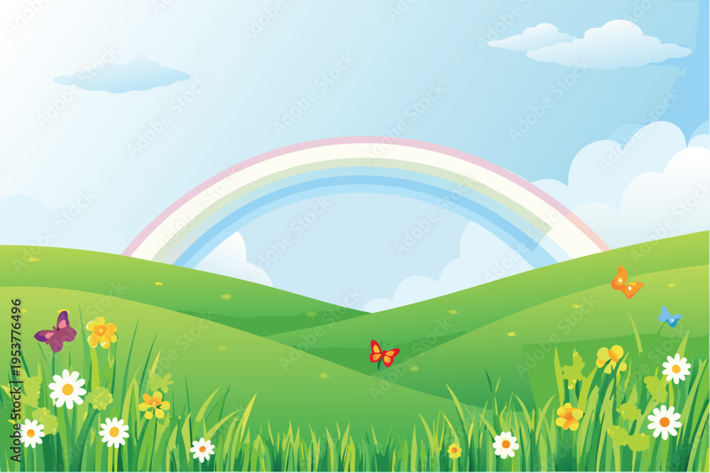 Fototapeta premium A vibrant landscape showcases a rainbow over rolling green hills