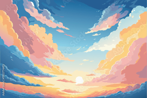 Abstract landscape painting featuring vibrant clouds and a rising sun
