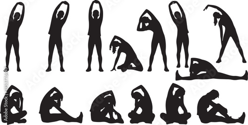 Yoga poses in various positions and silhouettes for meditation