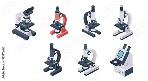 Set of scientific microscopes in various colors, ideal for educational and medical visuals