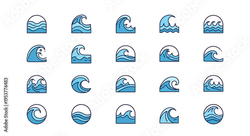 Set of vector illustrations of waves and water icons, in different forms and shapes, graphic design