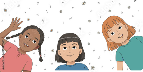 Three diverse young girls lying on green grass looking up at the sky in a field of daisies vector.