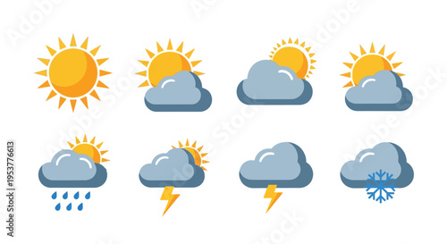 Weather forecast icons, presenting sunny, cloudy, rainy, and snowy conditions in a flat design
