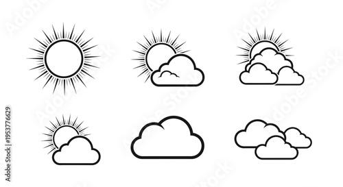 Weather Icons Displaying Sun, Clouds, and Solar Flares in Simple Vector Style