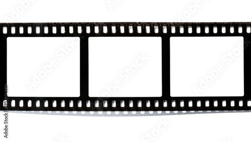 Classic black film strip with three empty frames, ideal for cinematic projects and photography concepts, isolated on a clean background