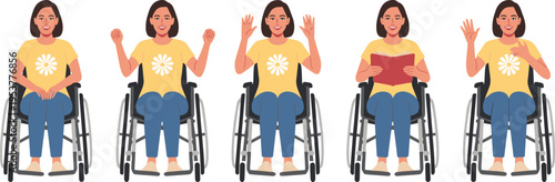 Set of young woman in wheelchair character vector illustrations performing different actions like reading waving and sitting for accessibility.