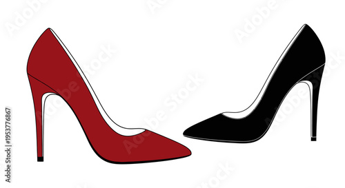Elegant pair of high heels, one red and one black, isolated on a white background