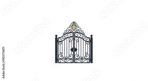 Elegant ornate wrought iron gate design with golden crest emblem vector illustration