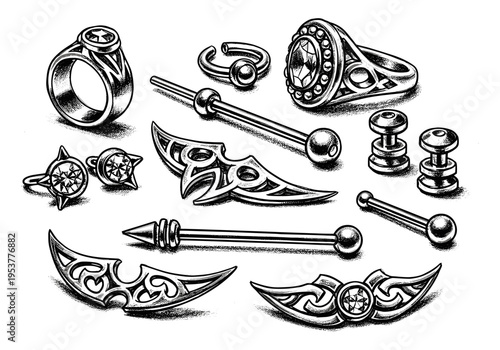 Collection of ornate tribal-style body jewelry and rings with intricate designs and gemstones