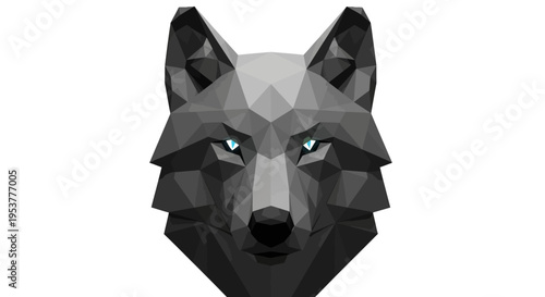 Geometric low poly illustration of a wolf with glowing eyes on a white backdrop