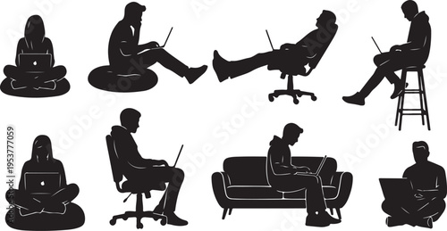 People working on laptops in various sitting positions silhouettes