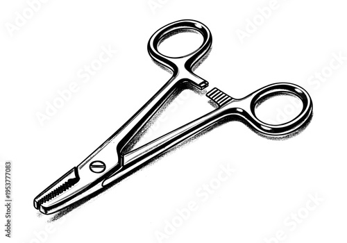 Close-up illustration of surgical hemostatic forceps on a white background