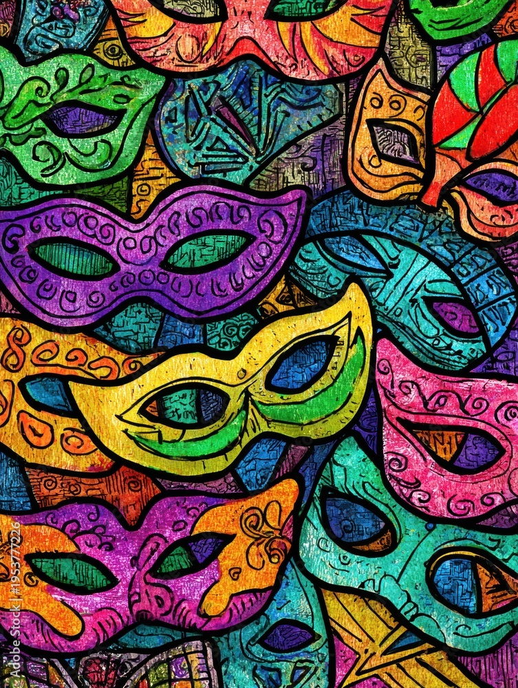 Fototapeta premium Joyful Purim Carnival Background Filled With Colorful Masks for Celebration and Enjoyment During the Festive Season