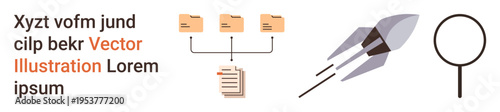 Data organization, information analysis, search tools, document sharing, digital systems, innovation. File folders linked to documents, magnifying glass rocket . Data management and search tools