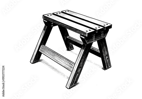 Simple wooden folding stool with a rustic, hand-drawn aesthetic on a white background