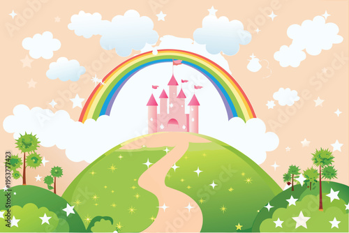 A pink castle sits beneath a vibrant rainbow and fluffy clouds