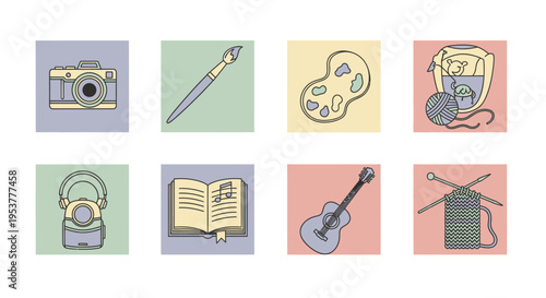 Collection of creative hobbies, artwork, music, photography, crafting, and entertainment icons