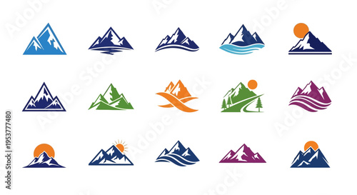 Collection of mountain logo designs, diverse styles and color variations for branding