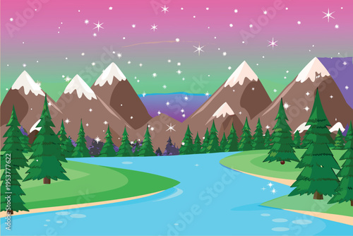 Scenic landscape with snow capped mountains river and evergreen trees