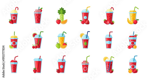Collection of various colorful fruit smoothies in plastic cups with straws for healthy refreshment