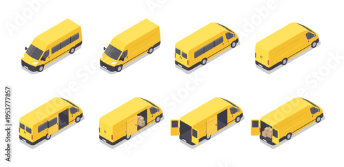 A set of a yellow van in cargo and passenger versions in isometric views from the front and back with various usage and loading options. Vector illustration.