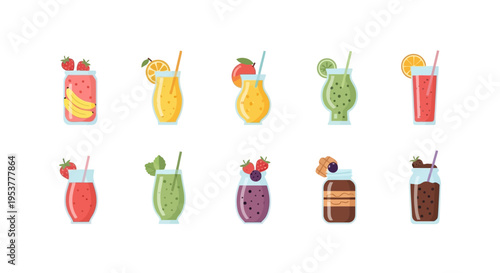 Collection of Vibrant and Refreshing Smoothie Beverages with Various Fruit Garnishes in a Row