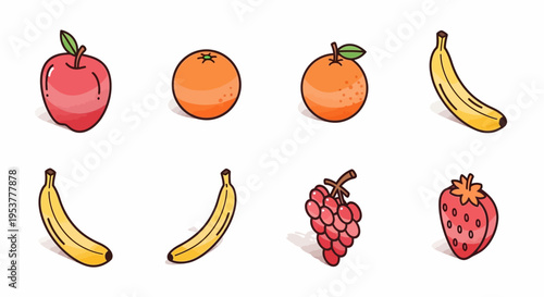 Colorful hand-drawn fruits assortment isolated on a pristine white background for designs