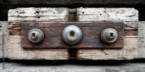 Close-up of weathered wood and rusty metal plate with three bolts, showcasing aged texture and industrial detail.