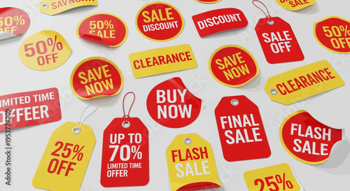 Assortment of retail labels with special offers, discounts, and clearance promotions on display