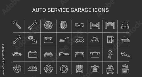 Automotive service garage icons collection representing car repair and maintenance details