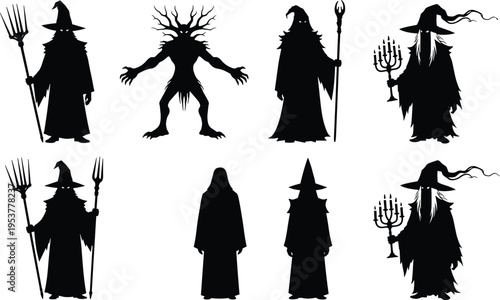 Fantasy wizard silhouette collection, Halloween outline figure, mystical motif illustration, ghost icon art, eerie design graphic, magical creature symbol