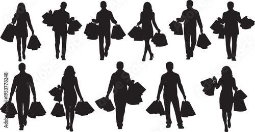 Silhouettes of people carrying shopping bags in various poses
