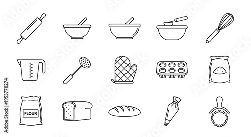 Baking ingredients and tools icons.