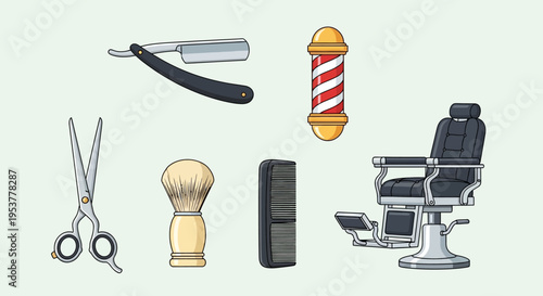 Barber shop tools and equipment set.